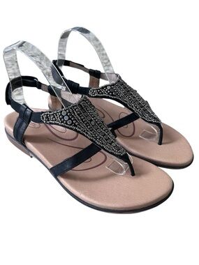 Aetrex Sheila Black Embellished Thong Comfort Sandals Size 40 US 9